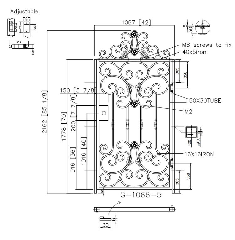 G1066 - Detachable top scrolls, Gorgeous front, side wrought iron gate. Right -In Swing. - Door Gate Depot