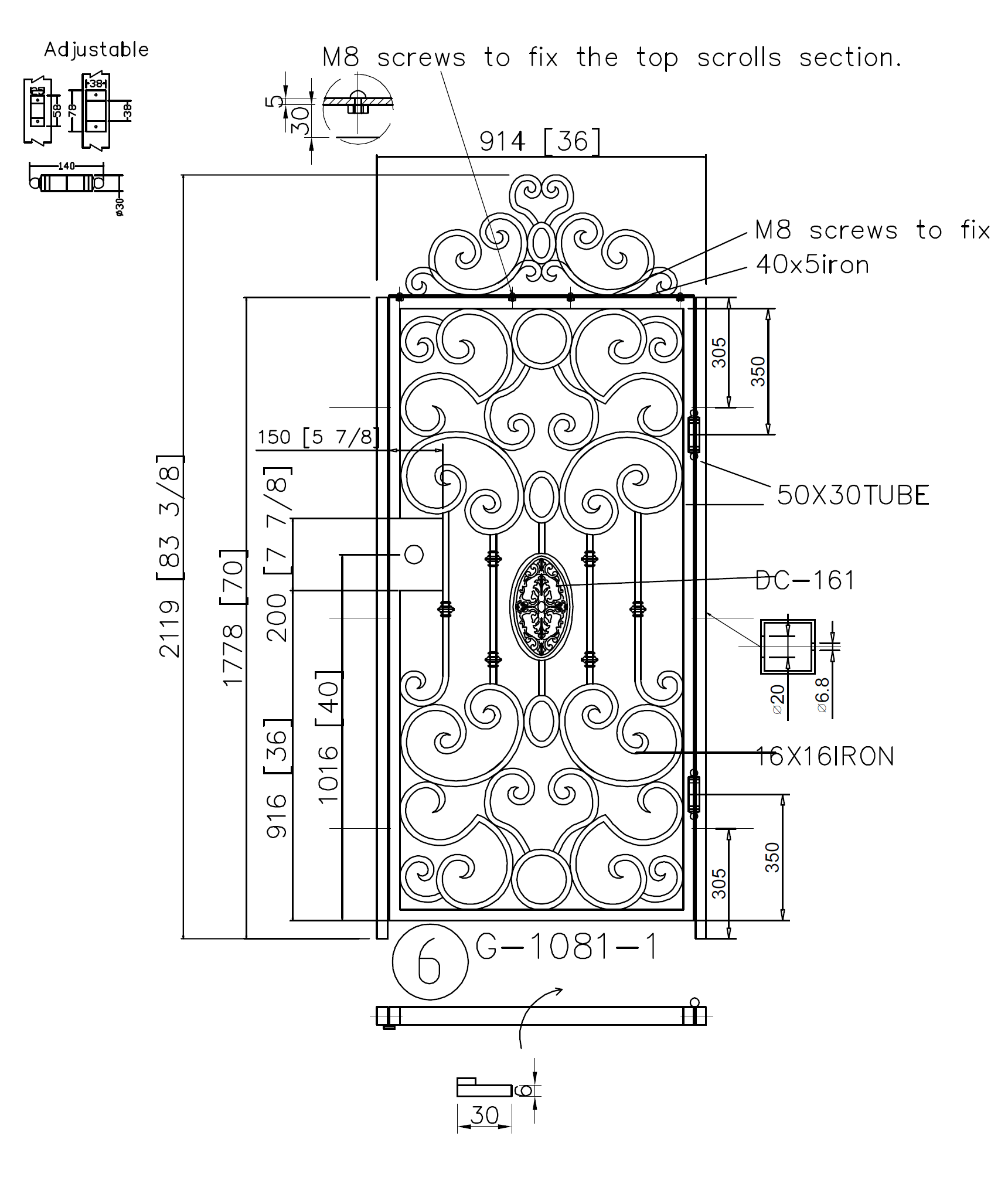 G1081- Detachable top  scrolls, side gate,front yard wrought iron gate. Right-In Swing. - Door Gate Depot