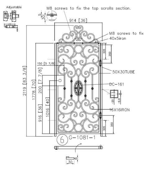 G1081- Detachable top  scrolls, side gate,front yard wrought iron gate. Right-In Swing. - Door Gate Depot
