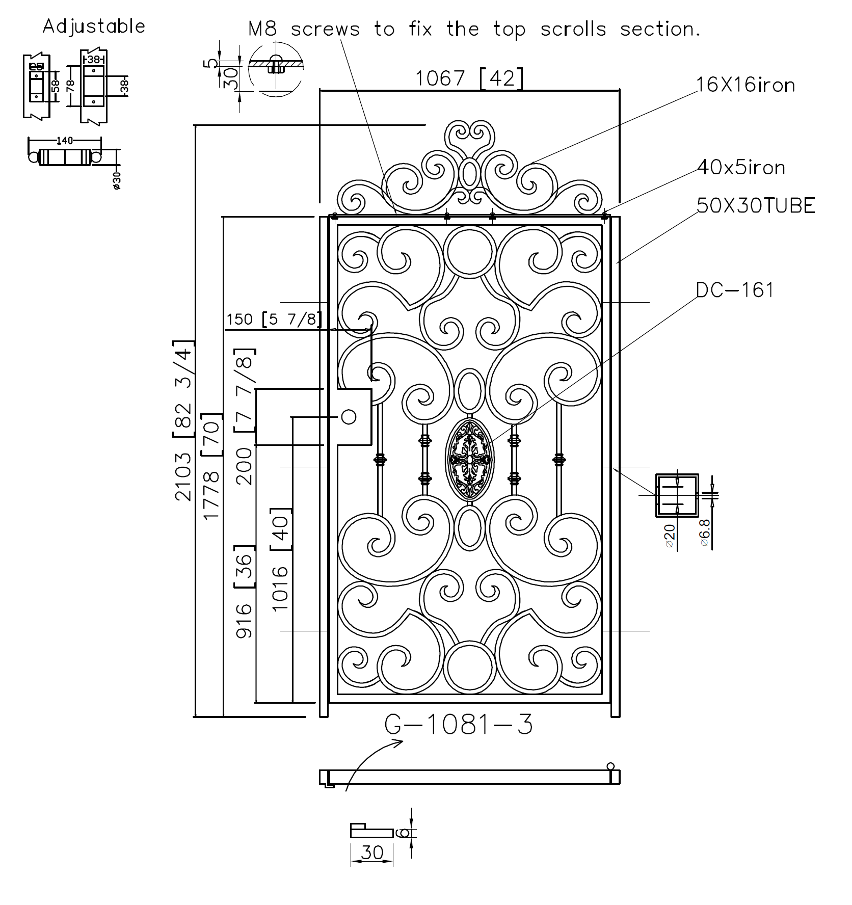 G1081- Detachable top  scrolls, side gate,front yard wrought iron gate. Right-In Swing. - Door Gate Depot