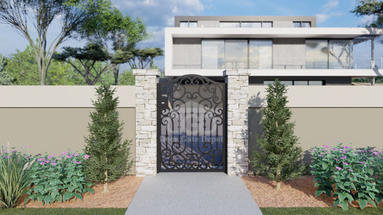 G1019A - Arched Top ,Side/Front Wrought Iron Gate, Right Swing. - Door Gate Depot