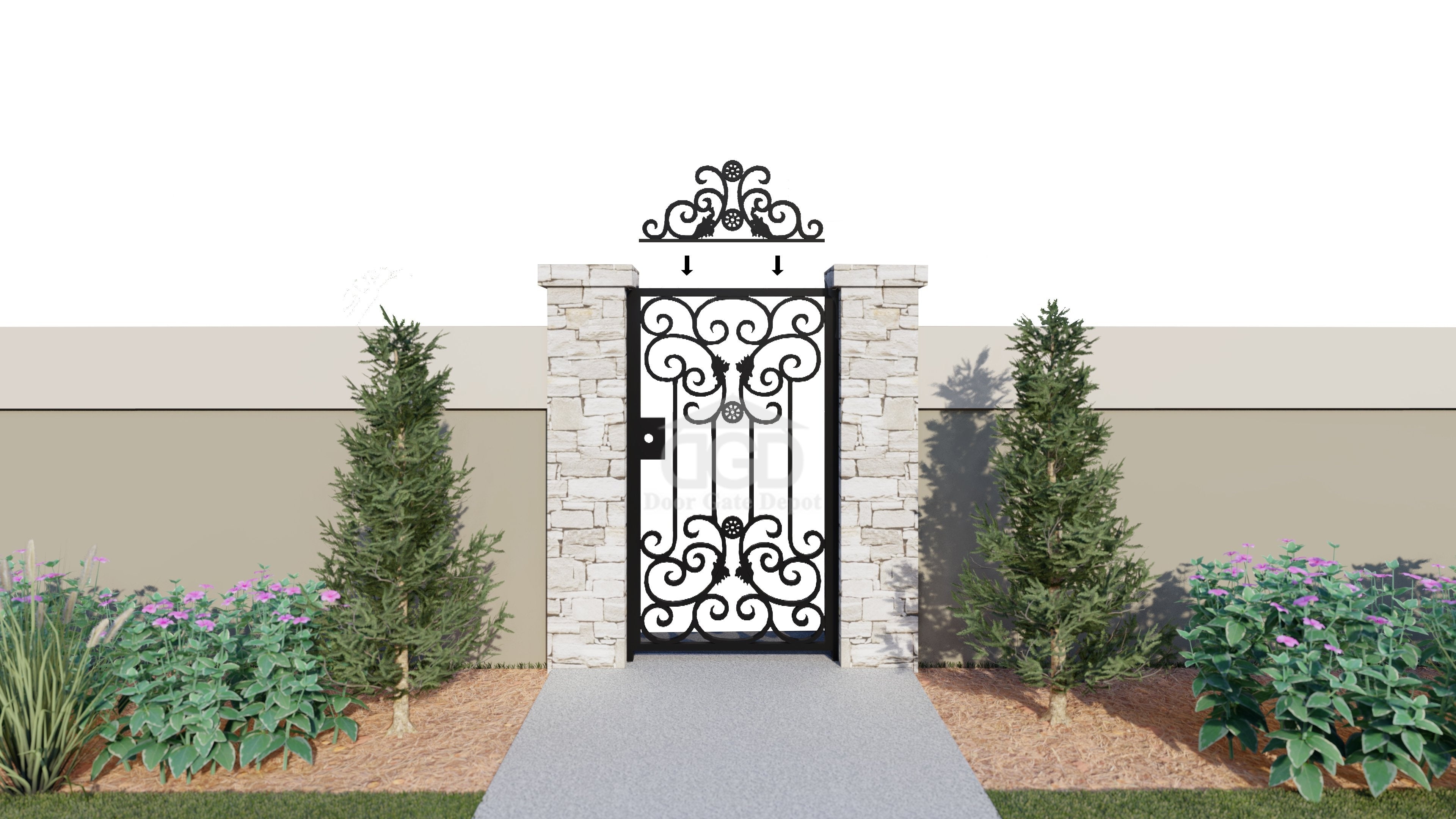 G1066 - Detachable top scrolls, Gorgeous front, side wrought iron gate. Right -In Swing. - Door Gate Depot