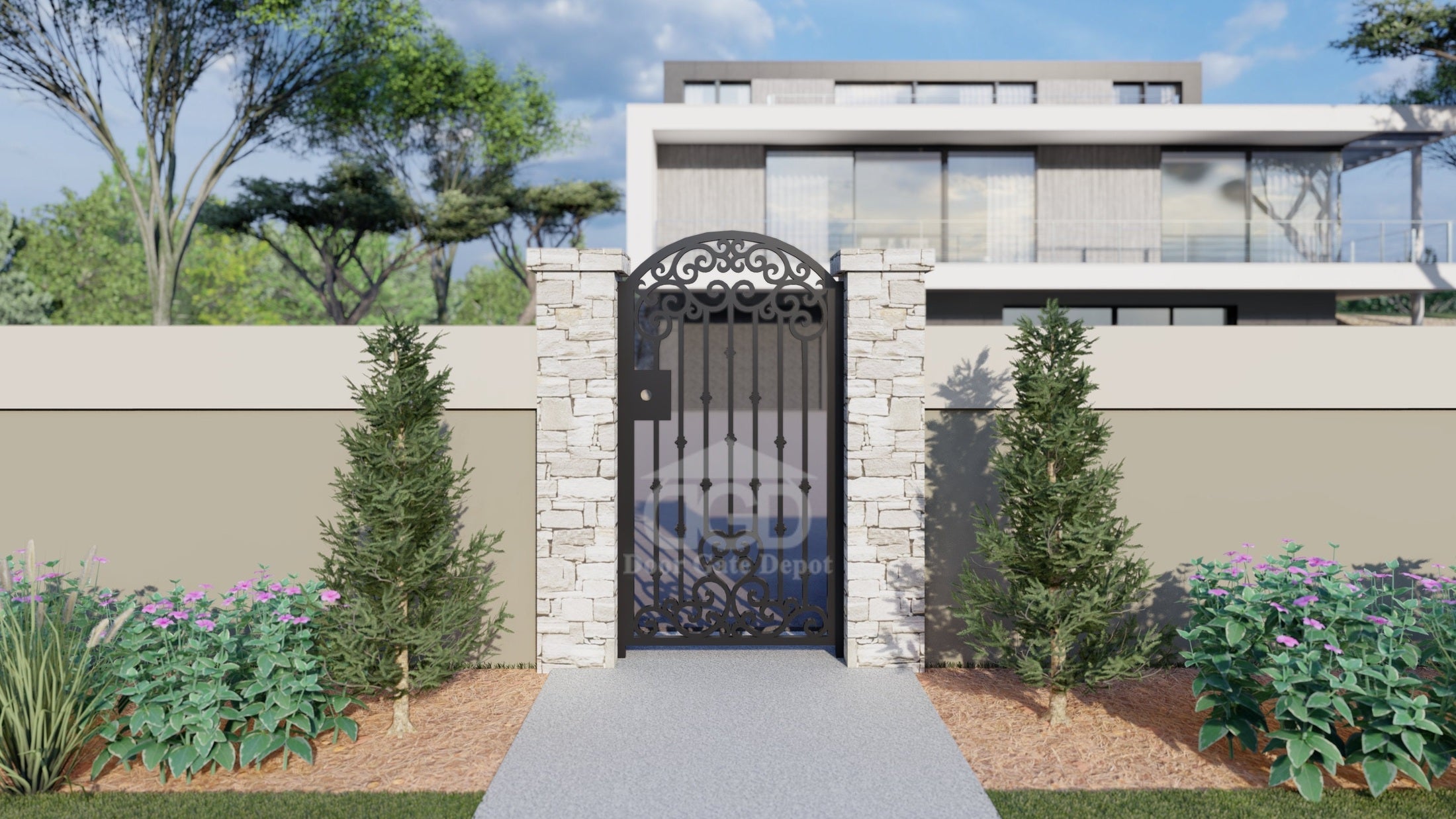 G1004A- Gorgeous arched top, heart design front or side wrought iron gate. Right In-Swing. - Door Gate Depot