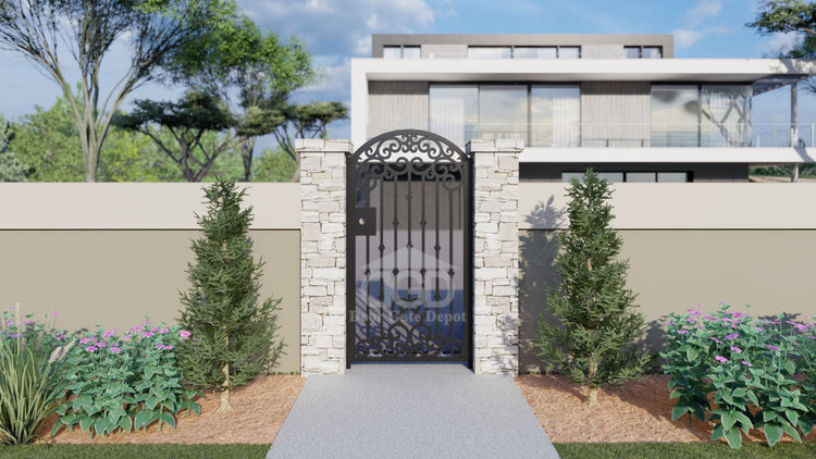 G1004A- Gorgeous arched top, heart design front or side wrought iron gate. Right In-Swing. - Door Gate Depot