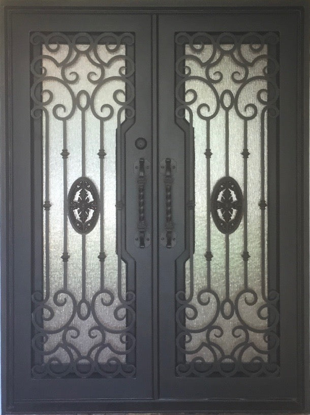 LOLA- square top, dual tempered panels, bug screens, front entry wrought iron doors-61X81 Right Hand - Door Gate Depot