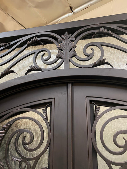 WISTERIA-Flat top arch inside , attached transom, double tempered glass, wrought iron doors , 62 x96- Right Hand - Door Gate Depot
