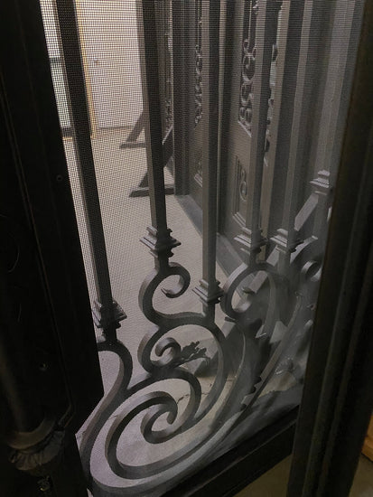 WISTERIA-Flat top transom with arch inside, double tempered glass, wrought iron doors , 72 x96- Right Hand - Door Gate Depot