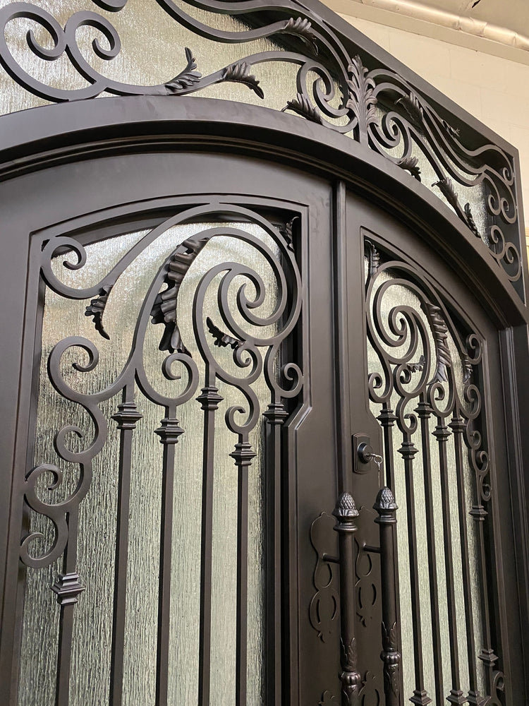 WISTERIA-Flat top arch inside , attached transom, double tempered glass, wrought iron doors , 62 x96- Right Hand - Door Gate Depot
