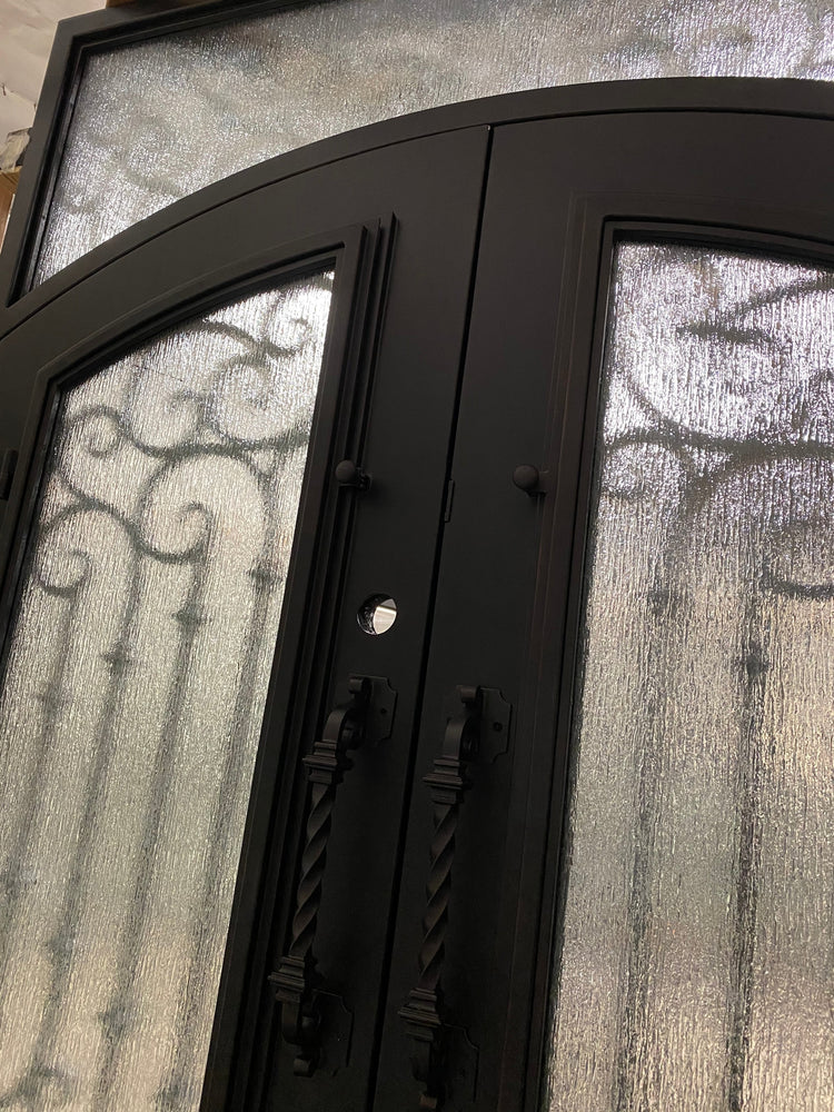 DAPHNE -Flat top inside arch with transom,double tempered insulated glass, removable bug screen, wrought iron doors-72x96 Right Hand - Door Gate Depot