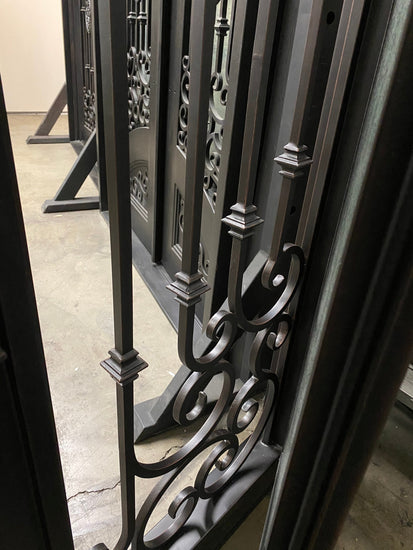 DAPHNE -Flat top inside arch with transom,double tempered insulated glass, removable bug screen, wrought iron doors-72x96 Right Hand - Door Gate Depot