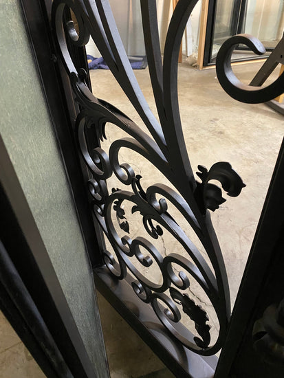 PARADISE- Double Arch Top, Transom, Front Entry Wrought Iron Doors, Bug Screens, Tempered glass,  72x96- Right Hand - Door Gate Depot