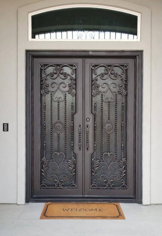 BEGONIA- square top front exterior door, bug screens, wrought iron doors- 72x96 Right Hand - Door Gate Depot