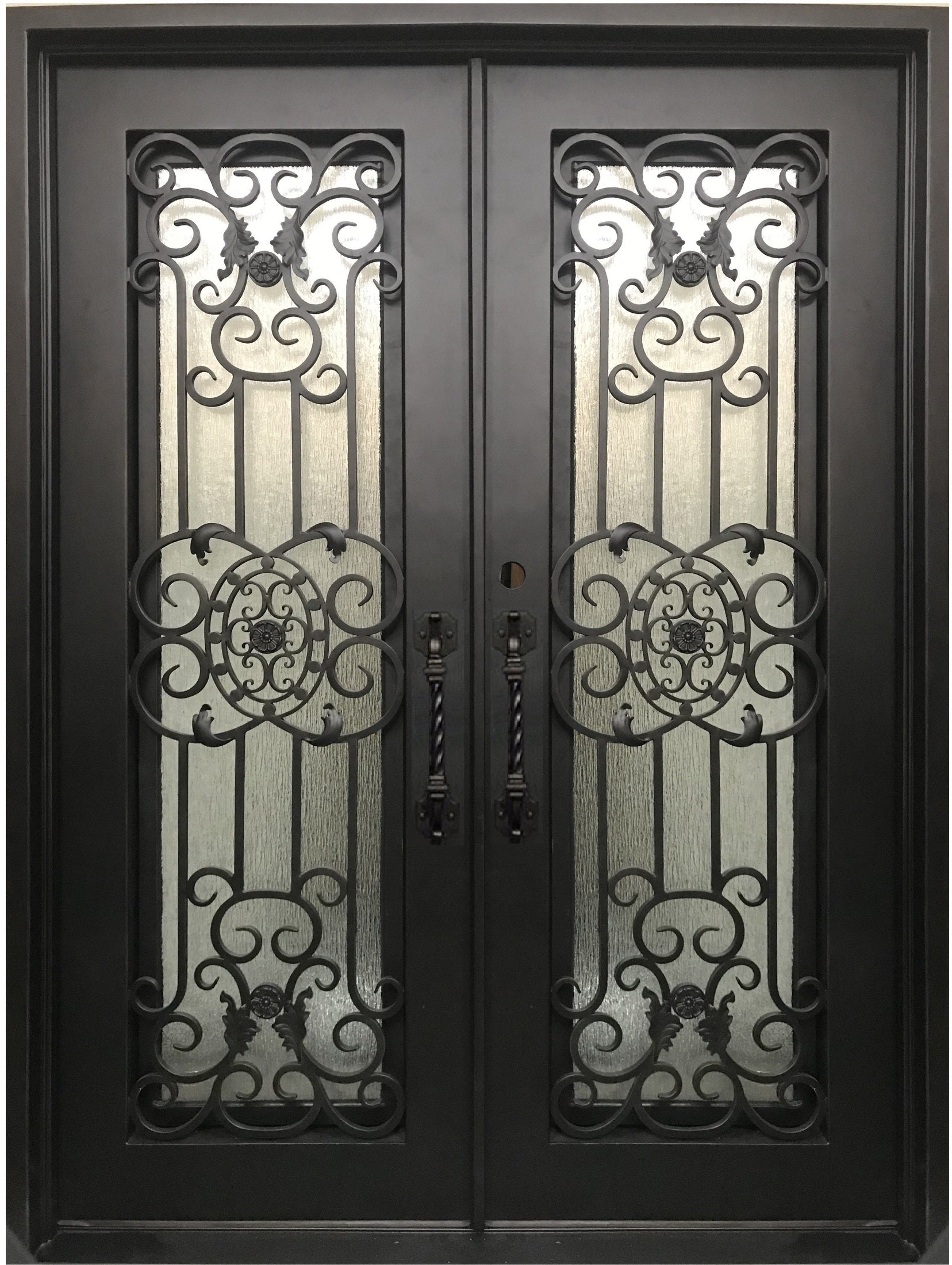 JASMINE- flat top, dual pane tempered glass, bug screens,  wrought iron doors-72x96 Right Hand - Door Gate Depot