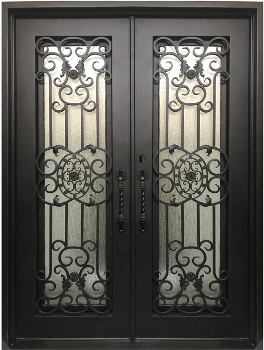 JASMINE- flat top, dual pane tempered glass, bug screens,  wrought iron doors-72x96 Right Hand - Door Gate Depot
