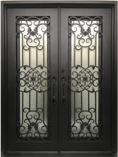 JASMINE- flat top, dual pane tempered glass, bug screens,  wrought iron doors-72x96 Right Hand - Door Gate Depot