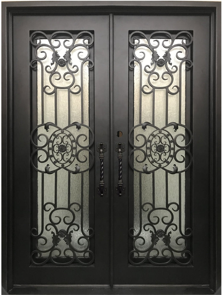 JASMINE- flat top, dual pane tempered glass, bug screens,  wrought iron doors-72x96 Right Hand - Door Gate Depot