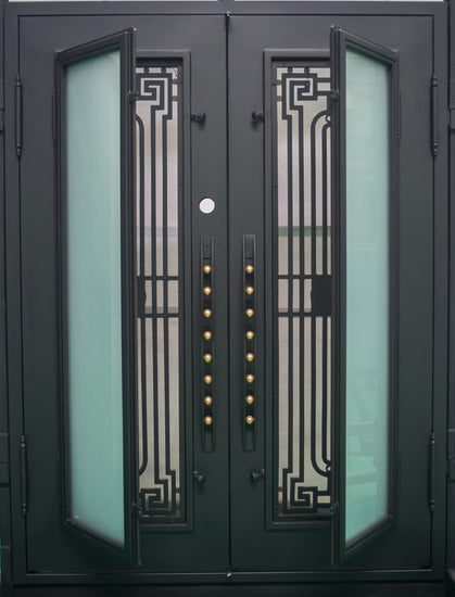 glass and iron double front doors