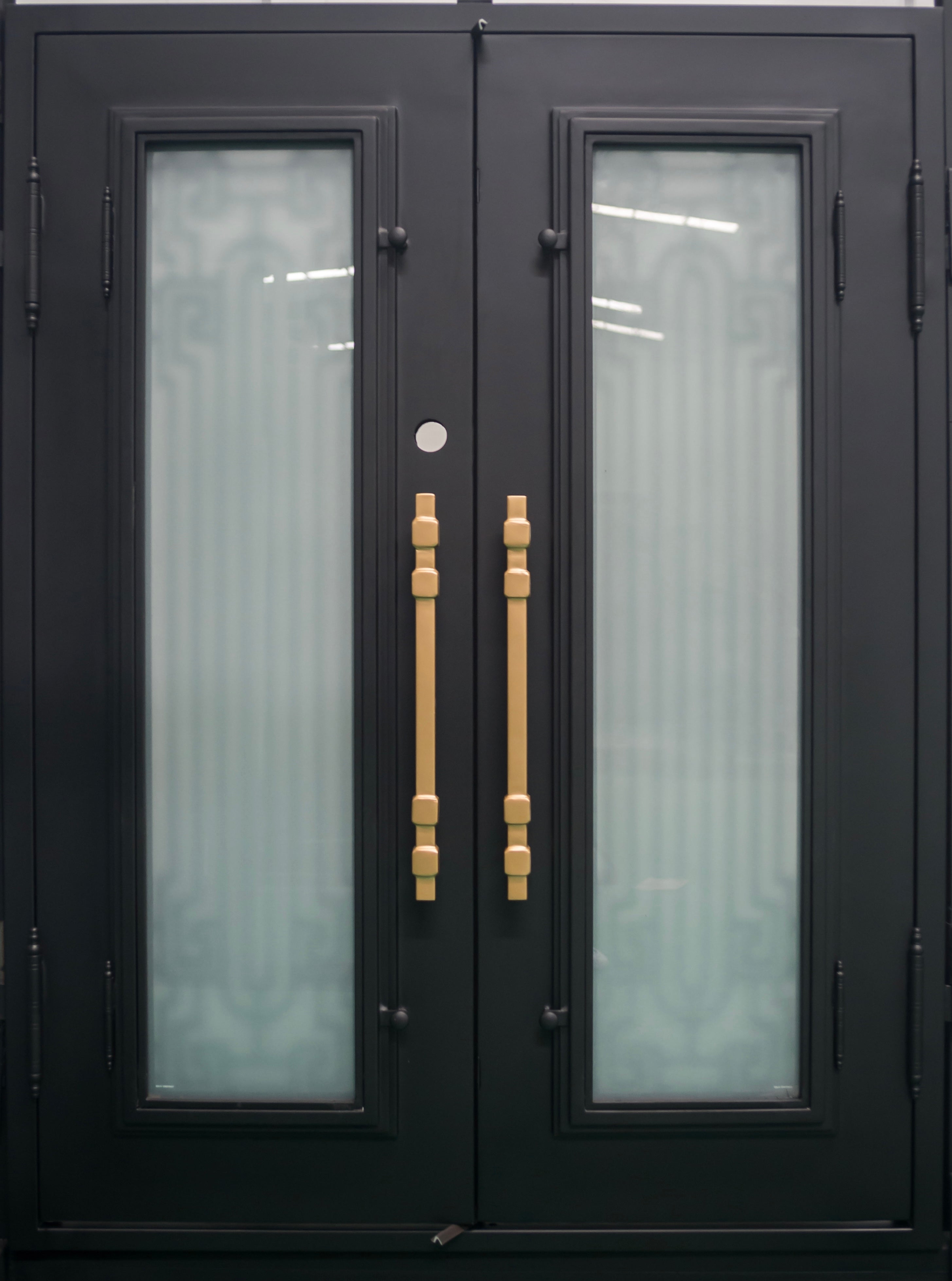 BEVERLY - Square top, frosted glass, wrought iron door, bug screens, 72x96-Right Hand - Luxe Iron Doors 