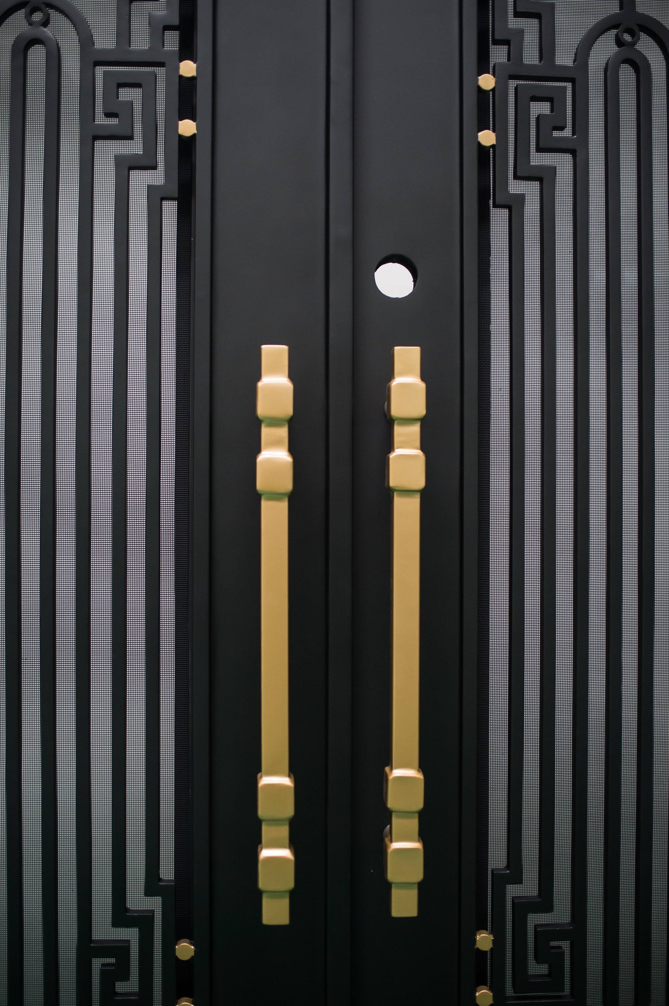 BEVERLY - Square top, frosted glass, wrought iron door, bug screens, 72x96-Right Hand - Luxe Iron Doors 