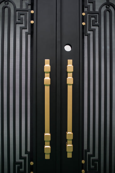 BEVERLY - Square top, frosted glass, wrought iron door, bug screens, 72x96-Right Hand - Luxe Iron Doors 