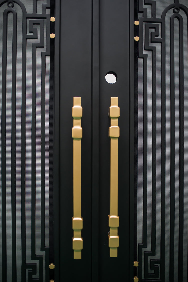 BEVERLY - Square top, frosted glass, wrought iron door, bug screens, 72x96-Right Hand - Luxe Iron Doors 