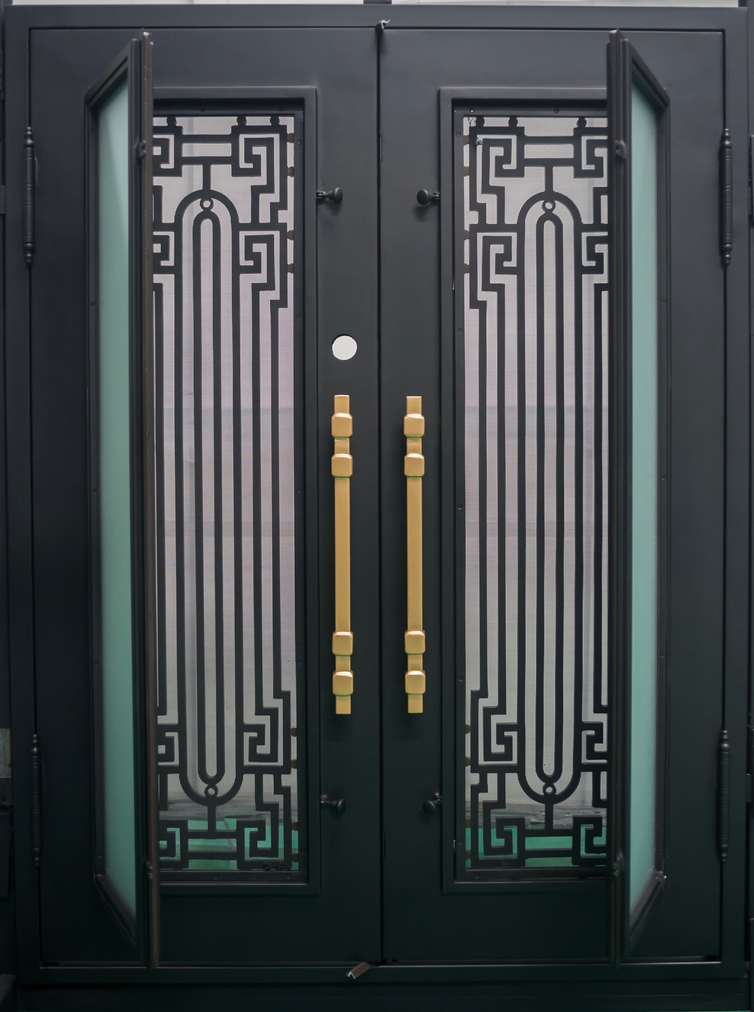 BEVERLY - Square top, frosted glass, wrought iron door, bug screens, 72x96-Right Hand - Luxe Iron Doors 