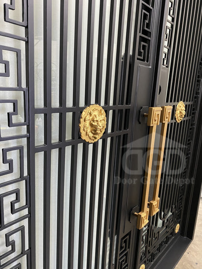 MANHATTAN - Square top, frosted glass, wrought iron door, bug screens, 61x81-Right Hand - Door Gate Depot