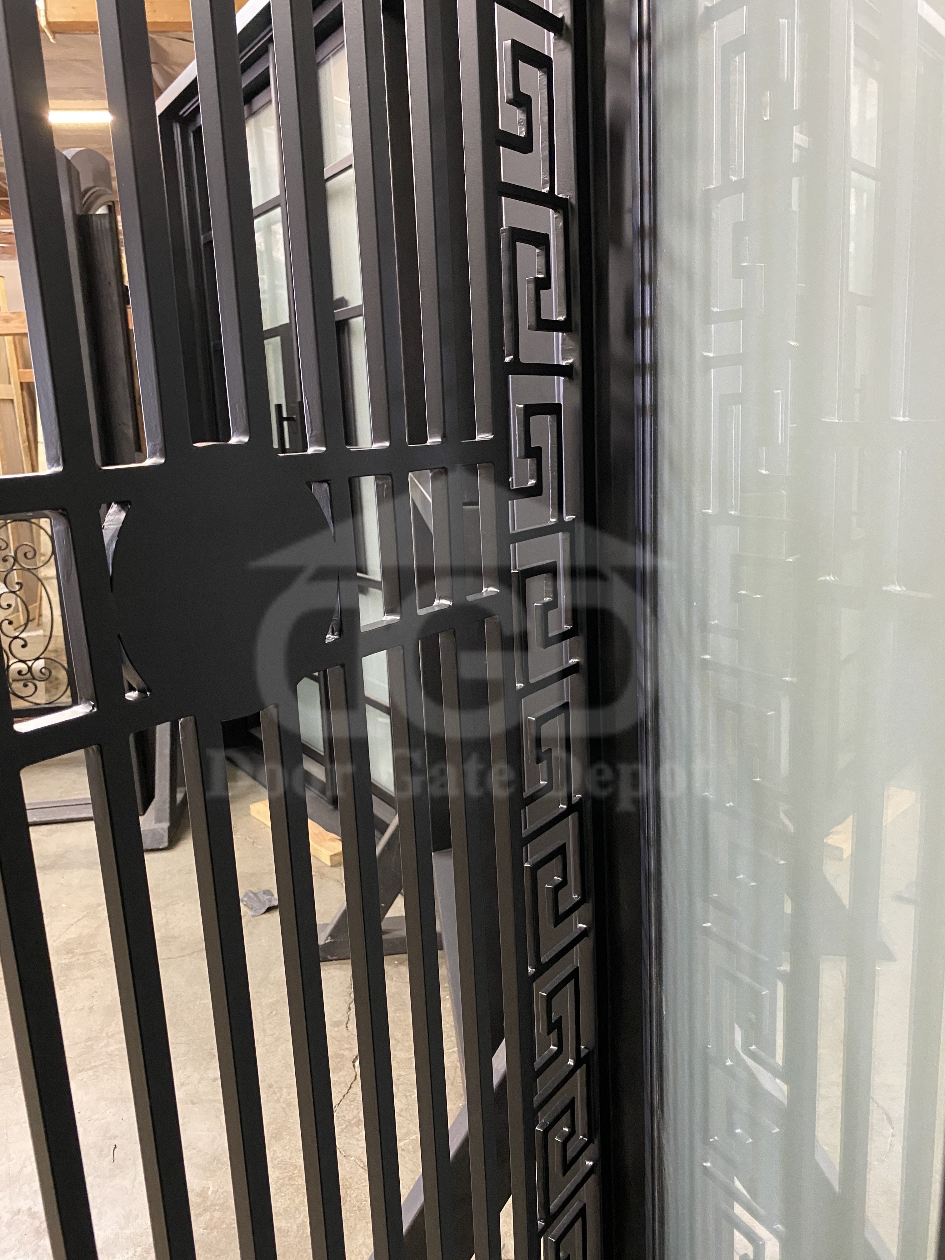 MANHATTAN - Square top, frosted glass, wrought iron door, bug screen, 38x96-Right Hand - Door Gate Depot