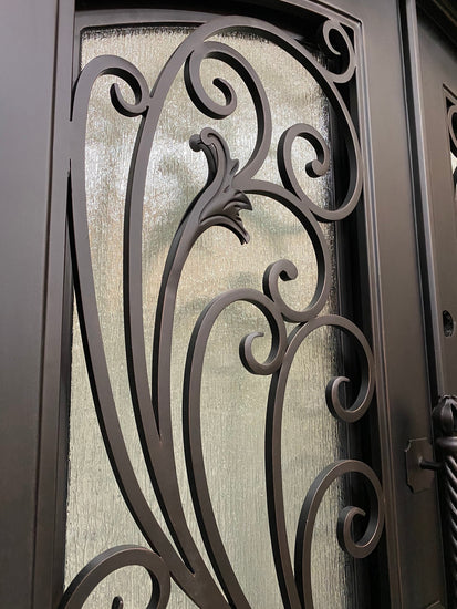 PARADISE-  Square top, Inside Arch, Transom, Front Entry Wrought Iron Doors, Bug Screens, Tempered glass,  72x96- Right Hand - Door Gate Depot