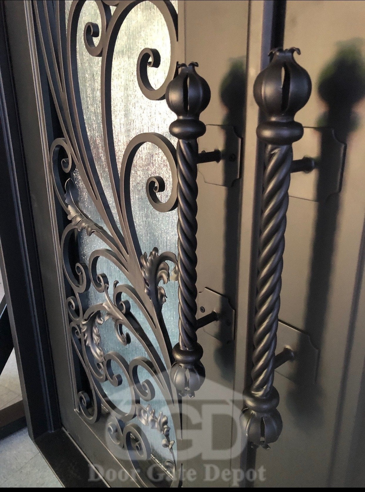 PEACOCK- Flat top arch inside, pre-hung, removable bug screens, wrought iron doors, 72x96- Right Hand - Door Gate Depot