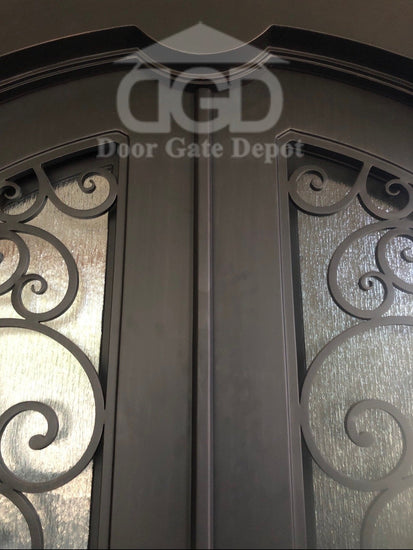 PEACOCK- Flat top arch inside, pre-hung, removable bug screens, wrought iron doors, 72x96- Right Hand - Door Gate Depot