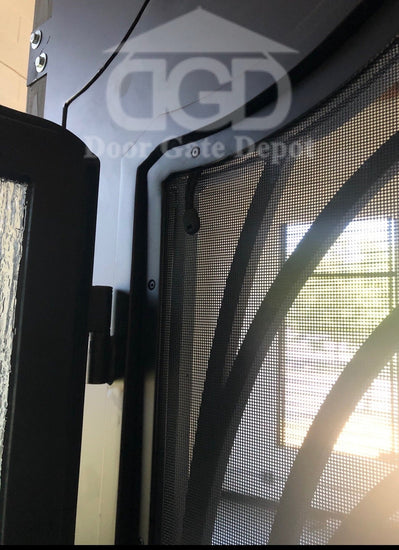 PEACOCK- Flat top arch inside, pre-hung, removable bug screens, wrought iron doors, 72x96- Right Hand - Door Gate Depot