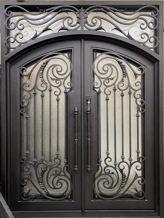 WISTERIA-Flat top transom with arch inside, double tempered glass, wrought iron doors , 72 x96- Right Hand - Luxe Iron Doors