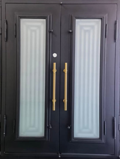 IVY -modern flat top, prehung, removable bug screen, front entry double wrought iron door- 72x96 Right Hand - Luxe Iron Doors 