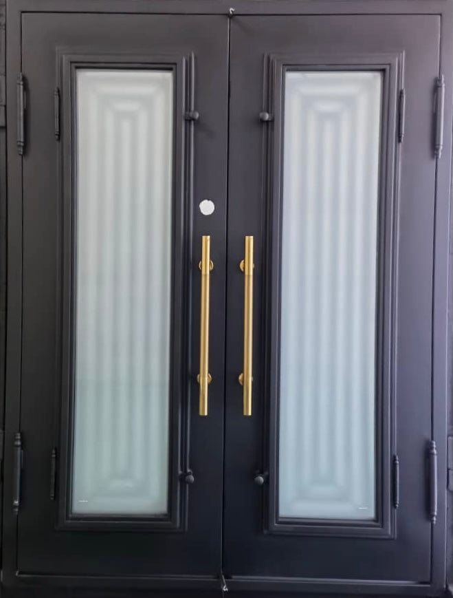 IVY -modern flat top, prehung, removable bug screen, front entry double wrought iron door- 72x96 Right Hand - Luxe Iron Doors 