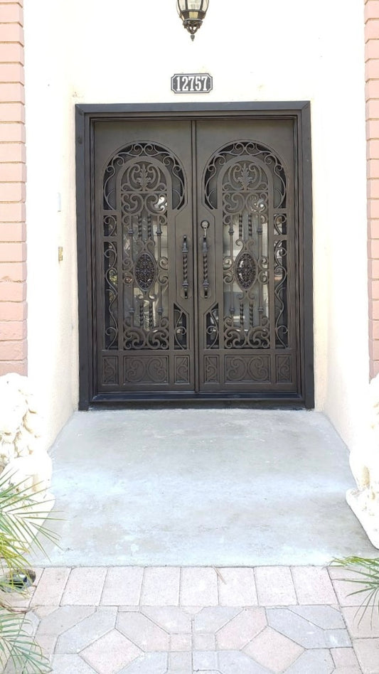 BERGENIA- square top exterior double panel iron doors, bug screens-72x96 Right Hand - Door Gate Depot