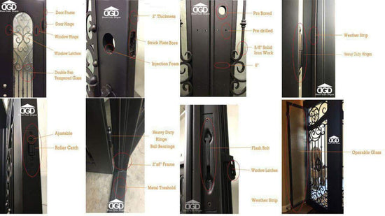 DAPHNE -Flat top inside arch with transom,double tempered insulated glass, removable bug screen, wrought iron doors-72x96 Right Hand - Door Gate Depot