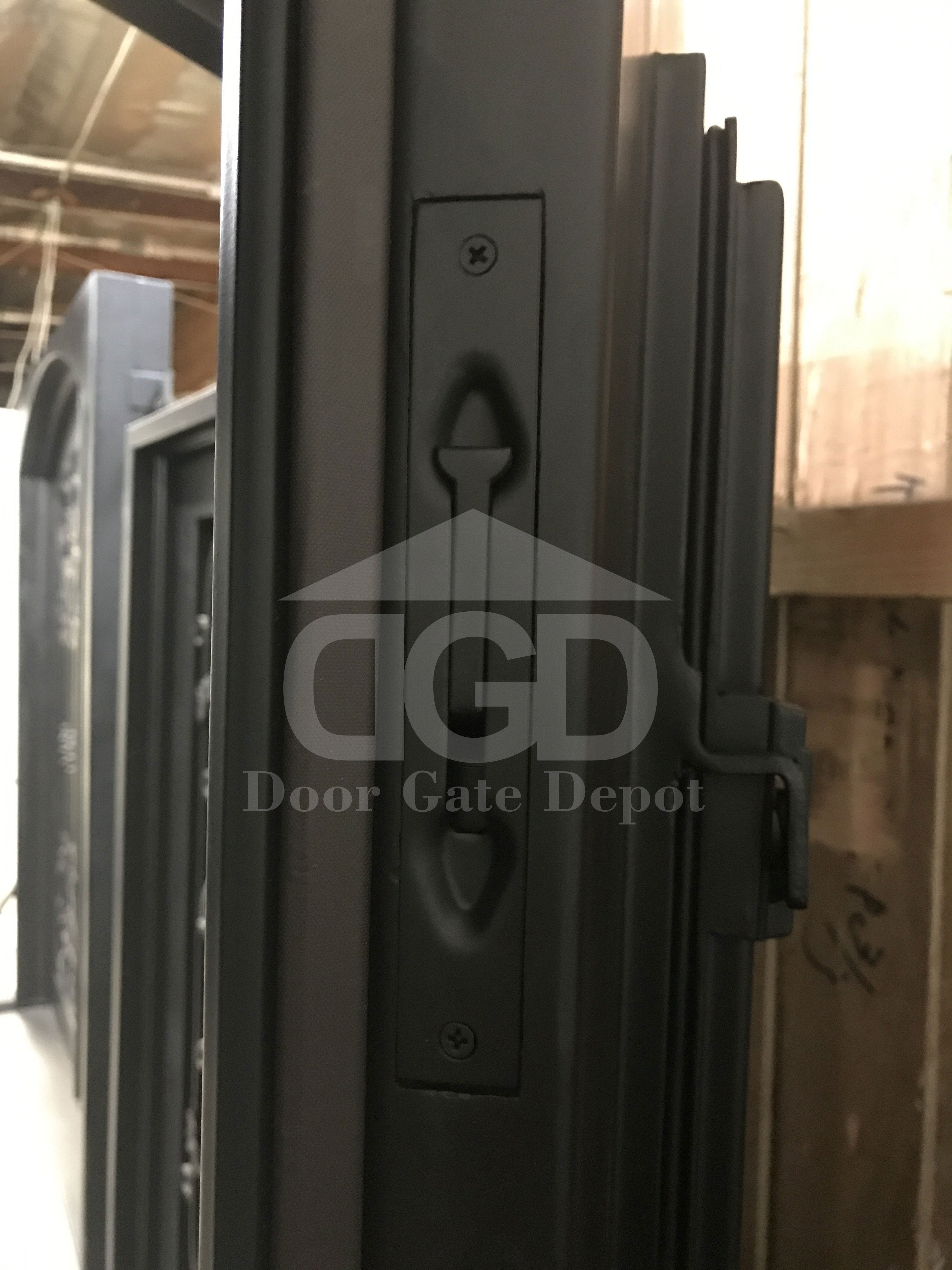 CARNATION- double arch top, tempered glass, bug screens, front entry wrought iron doors-62x96 Right Hand - Door Gate Depot