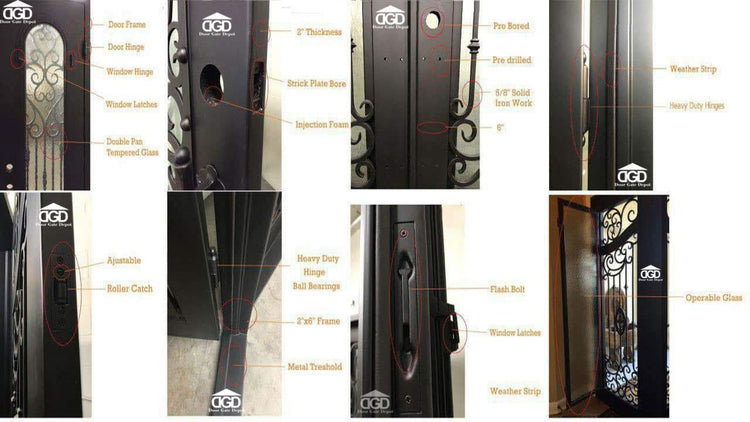 WISTERIA-Flat top arch inside , attached transom, double tempered glass, wrought iron doors , 62 x96- Right Hand - Door Gate Depot