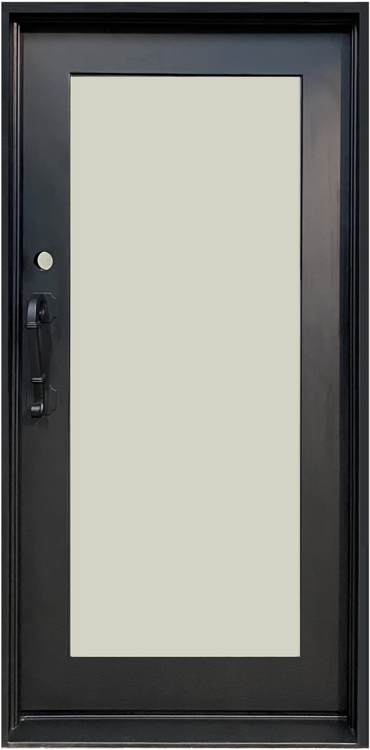ASTER-  Modern square top, frosted tempered glass, bug screens, single entry wrought iron door- 38x82 Right Hand - Door Gate Depot
